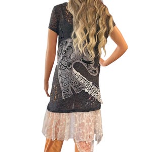 Tattered and Torn Black Distressed Womens T-shirt with lace Hem Skirt / Size M / Elephant Graphic / Upcycled BOHO Clothing
