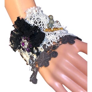 Bohemian Cuff Bracelet Salvaged Textile Steampunk Hippie Rhinestones Embellished Bracelet Sz 8”