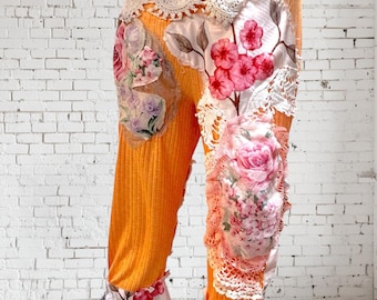Hippie Bohemian Cropped Pants, Tangerine, Ribbed Floral Hem, Boho Shabby Chic, Lightweight Flattering