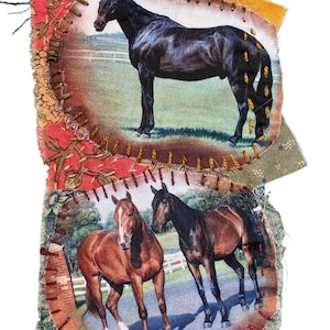 May include: Two fabric patches with horse imagery. The top patch features a black horse on a green field. The bottom patch shows two brown horses on a road. Both patches are framed with decorative stitching and floral fabric.