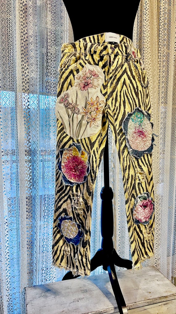 Refashioned Patchwork Jeans: Yellow Tiger Stripe, Distressed Denim 