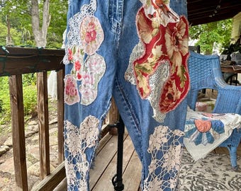 Upcycled Denim Jeans: Size 14, Crocheted Lace, Floral Bird Applique