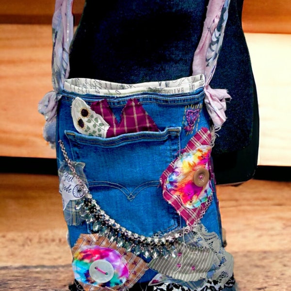 Upcycled Crossbody Hippie Denim Bag Shabby Chic BOHO Refashioned with Long Scarf as Strap Embellished as Always