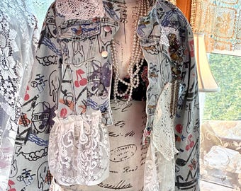 Upcycled Graffiti Denim Bleached Jean Jacket Lace Hem & Doilies and Embellishments Sz Medium