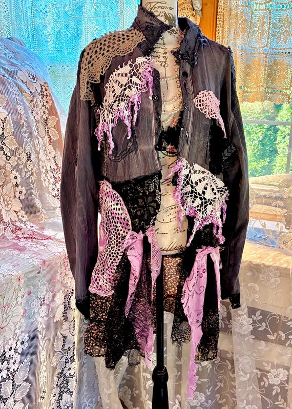 Upcycled Black Shirt Jacket Boho Pink Lavender Military Shirt 
