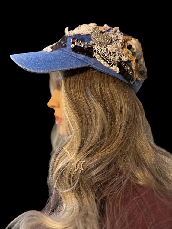 Boho Blue Embellished Trucker Hat: One-of-a-kind Lace  display picture 2