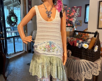 Upcycled Boho Lagenlook Tunic Top | Cottagecore Crochet Tank | Shabby Chic Lace & Floral Trim Top | Romantic Hippie Layering Piece L/XL
