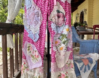 Boho Pink Leopard Print Pants: Upcycled Shabby Chic Bloomers - Small