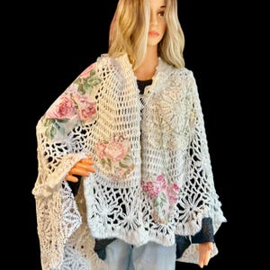 Upcycled Boho Crochet Cape: Shabby Chic Floral Shawl