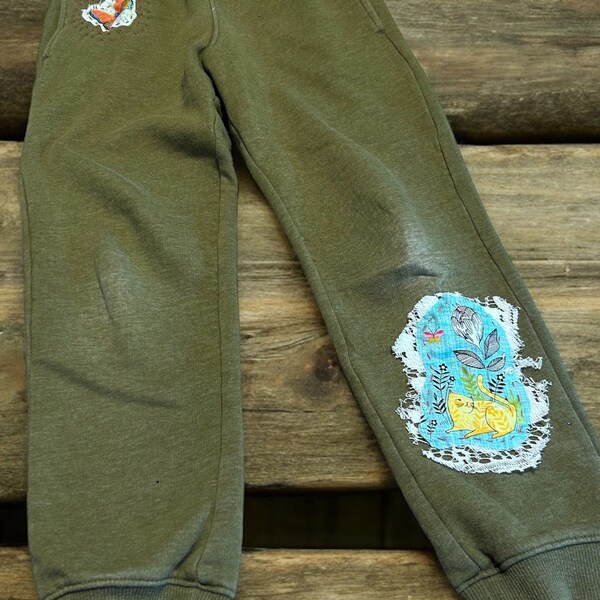 Childrens Olive Green Sweatpants / Size 6-8 / Hand Embroidery / Butterflies