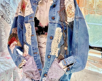 Boho Patchwork Denim Jacket, Upcycled Lace Jean Jacket, Shabby Chic Cottagecore Clothing, Embellished Vintage Style, Festival Outfit Coat XL