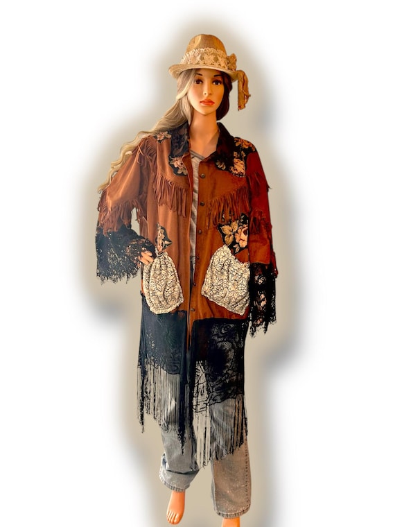 Giacca leggera da cowboy, stile western hippie, con frange, stile