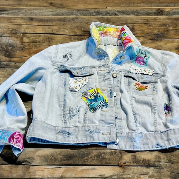 Tween Distressed Denim Jean Jacket / Whitewashed /  Size 1 / Lightweight / Tie Dye Patches / Crocheted Lace Trims / Wearable Art