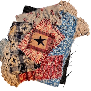 May include: A handmade patchwork textile featuring various fabric patterns and colors. The design includes red floral prints, blue floral prints, a black star on a tan background, and a blue and black plaid. The edges are stitched together with visible thread.