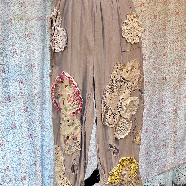 Upcycled Beachy  Bloomers Distressed Gray BOHO Wearable Art Summer Pants Eco Friendly Reworked Embellished as Always Size XL