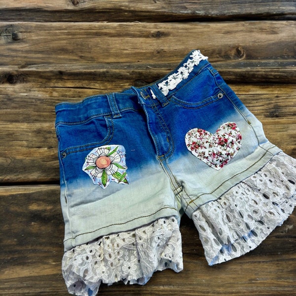 Little Girls Bleached Denim Jean Shorts with Lace Cuffs and Fun Whimsical Flower Appliqués Size 6