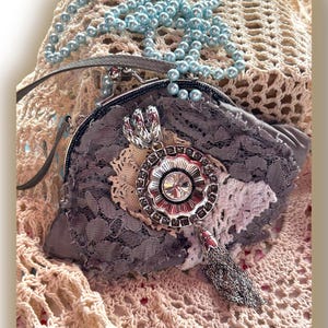 Wedding Clutch Purse/Prom Purse/Vintage Style Crossbody Bag Clutch Gray Satin Lace Purse/ Shabby Chic BOHO Refashioned/Bead Strap