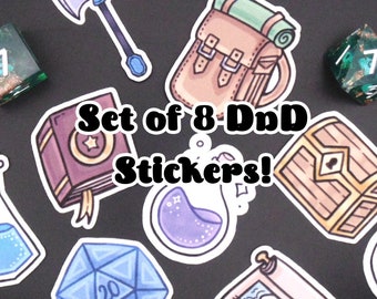 8 DND Sticker Set | D&D Würfel Aufkleber | Tabletop Gaming Aufkleber | Laptop Aufkleber | Sticker für Gamer | D&D Geschenk | Retro D&D Sticker