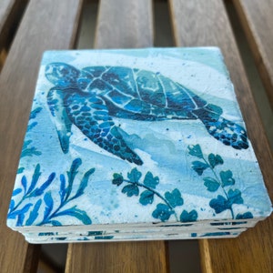 Handmade Turtle Decoupage Coaster Set, Set of Four Ceramic Tile Coasters, Coastal Theme, Home Decor, Great Gift Idea
