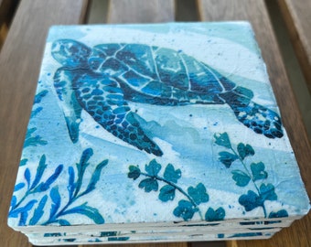 Handmade Turtle Decoupage Coaster Set, Set of Four Ceramic Tile Coasters, Coastal Theme, Home Decor, Great Gift Idea