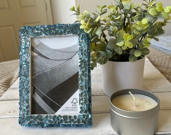 Crushed Glass, Broken Glass Pieces, Reflective Glass Picture Frame, Wedding Gift Idea,4x6" Frame, Blue