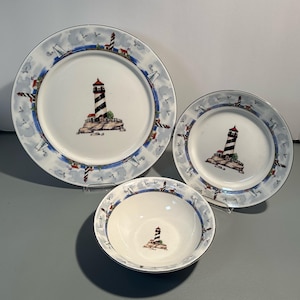 Vtg Totally Today Coastal Lighthouse Nautical Dinnerware Four 3 piece Place Settings - Dinner Plates, Bowls & Salad Dessert Plates - READ