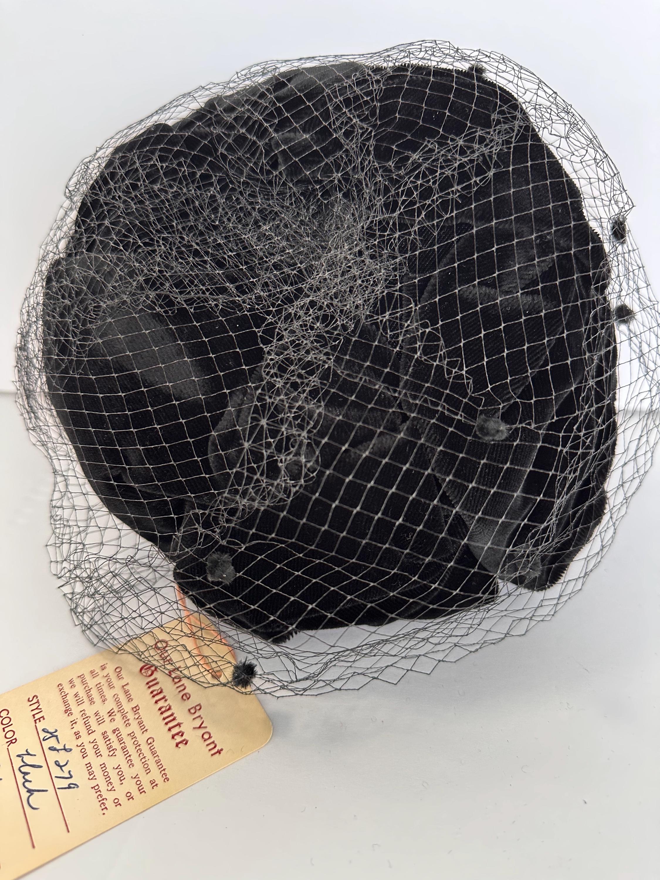 Vintage Lane Bryant Black Velvet Pillbox Hat With Net - Mid  display picture 3