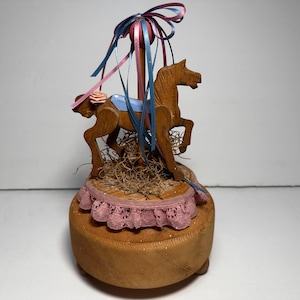 Wooden Carousel Horse Twist Music Box Plays Oh What a Beautiful Morning - 8” x 5”