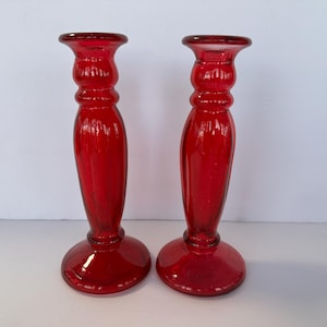 Vintage Tall Red Glass Taper Candleholders - 9” x 4”