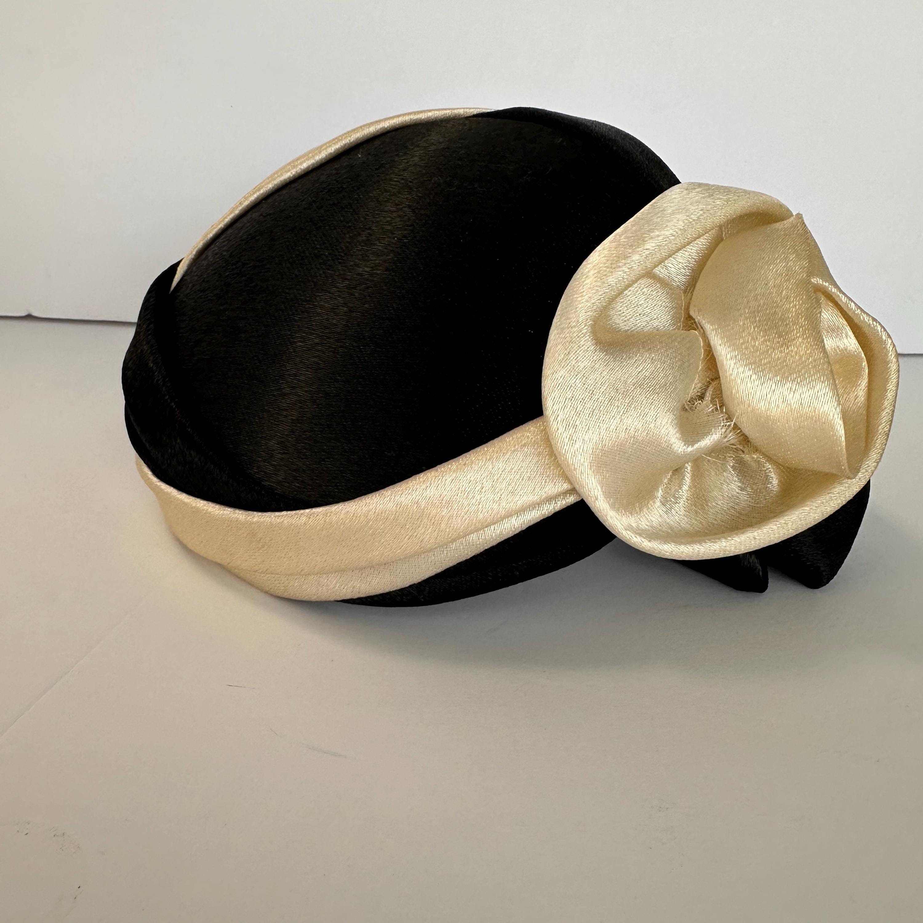 Vintage Satin Pillbox Hat: Black & White Fabric Flower, Mid 