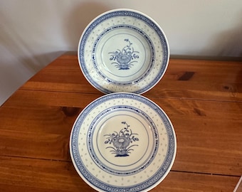 Vintage Jingdezhen Rice Grain Soup Bowls - Set of 2, 8" Blue and White Porcelain Chrysanthemum Bowls, Translucent "Rice Eye" Chinese China