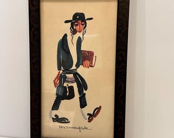 ポーラ・ワイツマン サイン入り水彩画またはグーシュ画 - 「イスラエル・タイプ」シリーズの一つ - ユダヤ美術 - イェシーバー・ボーイ - 10 7/8インチ x 6 1/2インチ