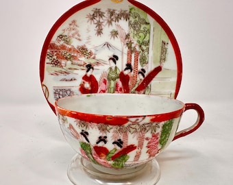 Vintage Miyata Japanese Geisha Girl Eggshell Porcelain Teacup Saucer Set #4