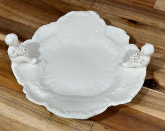 Vtg Italian Shallow Dish with Sculpted Cerub Holding Flowers on Each Side