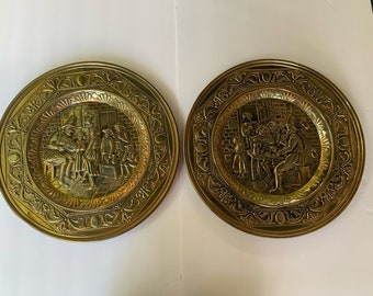 Vintage Brass Tavern Scene Plates - Large Relief Wall Hangings - Made in England