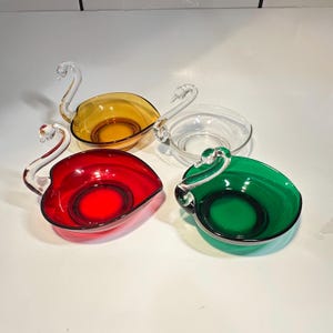 Four Vintage Art Glass Swan Dishes (Viking Glass or Duncan & Miller) - Ruby Red, Emerald Green, Amber and Clear, Mid-Century Decor