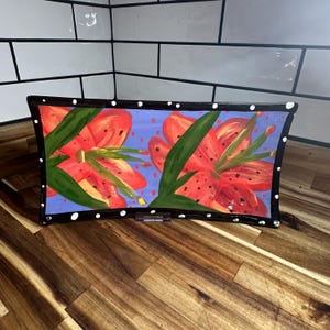 Vtg Red Lily Ceramic Platter, Hand-Painted Floral Serving Tray, 15.25" x 7.75" Decorative Dish - READ