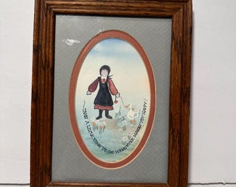 Vintage Framed Watercolor Print: Dutch Amish Girl Walking Duck by Sandy Lord