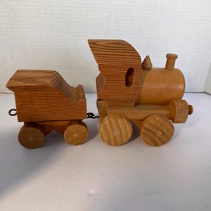 Vintage Handcrafted Wooden Toddler Toy Push Train Engine and Car - Collectible