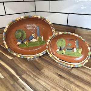 2 Vtg Talavera or Tlaquepaque Mexican Folk Art Redware Pottery Nesting Bowls Thumbprint Edge