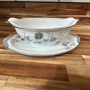 Vintage Noritake China Rosamor 9” Gravy Boat  - Rose Design in Gray Tones w/ Slight Hint of Aqua and Platinum Trim - CHIPS