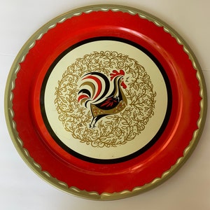 Bright Hand Painted Large 19” Rooster Round Vintage Tin Tray