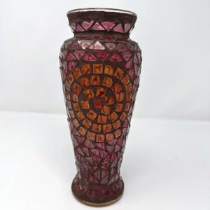 Ruby & Amber Mosaic 10” Glass Vase, Unique Home Decor, Artisan Gift