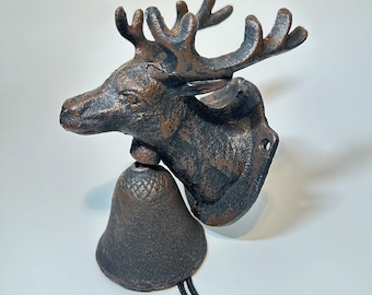 Rustic Cast Iron Buck Head Door Bell - Door, Wall, or Post Mounted Decor - 6 1/4” x 3 1/2” x 4 1/8”