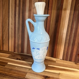 1961 Jim Beam Grecian Design Decanter with Plato, Socrates, Aristotle - Pale Blue with White Stopper - 13” x 4”