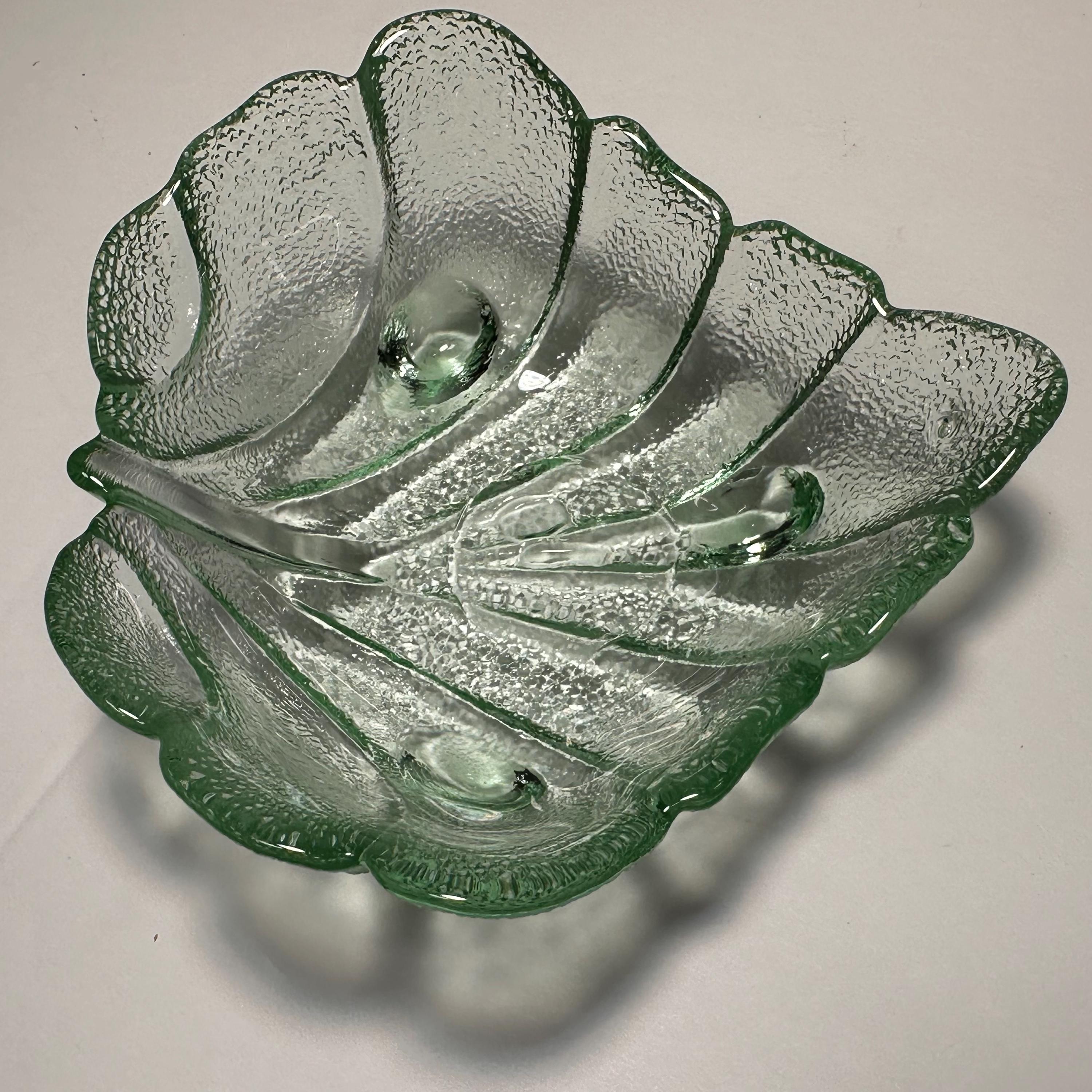 Vintage Light Green Glass Leaf Candy Dish: Footed Trinket Bowl
