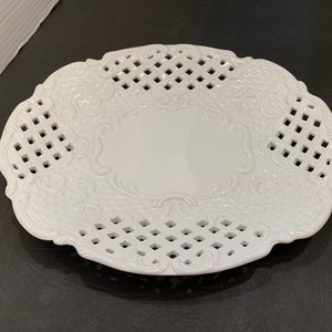 Home Essentials Vintage White Porcelain Platter with Very Pretty Lattice Cut Out and Raised Scroll and Basket Weave Design 12.25” x 10.25”