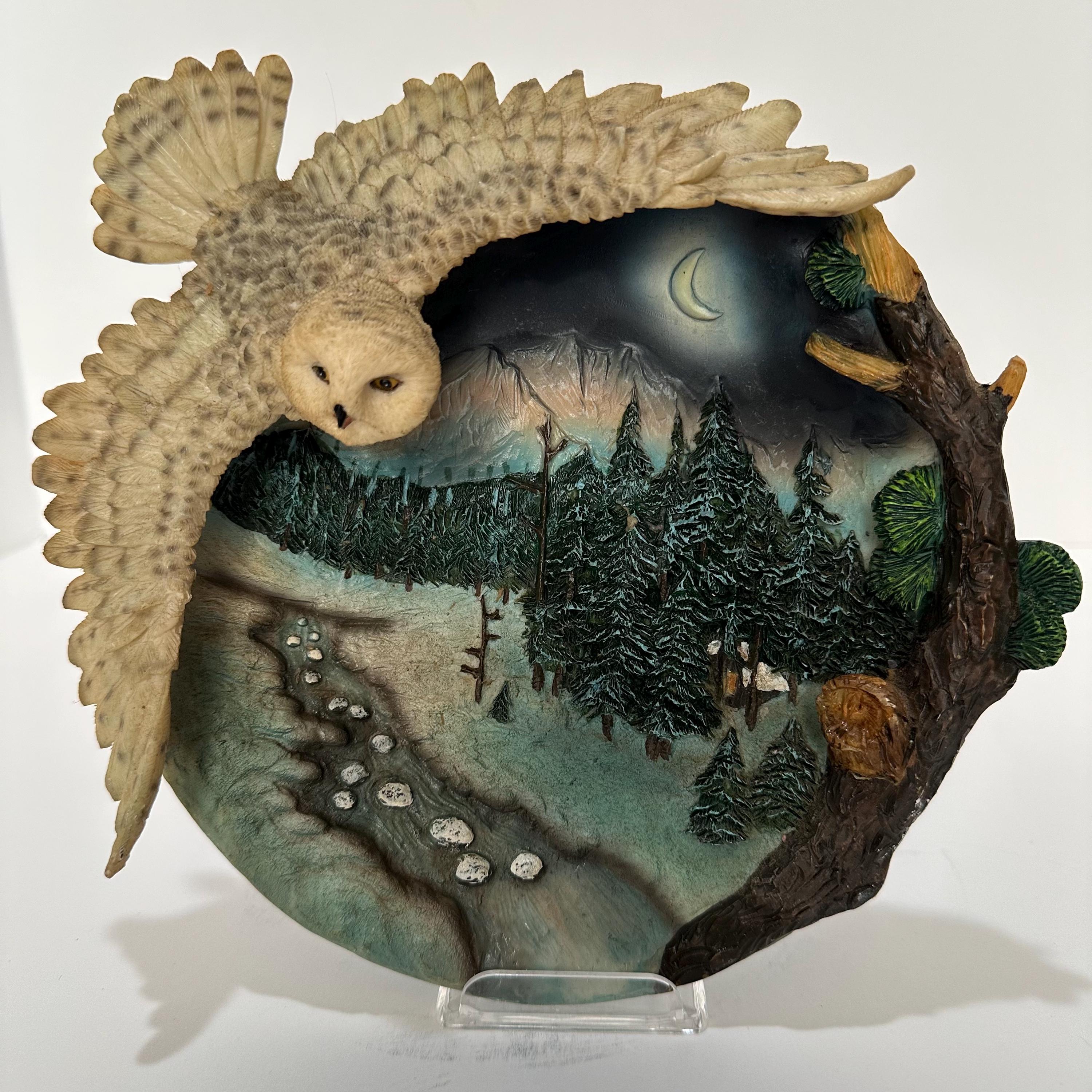 Vintage Snow Owl 3D Decorative Plate - Moonlit Wooded Path - Resin 9” x 8 1/2”