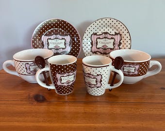 Vintage Trisa Stoneware Chocolate Sets – Brown & Pink Polka Dot Mugs and Plates with Spoons - Two 4 piece sets