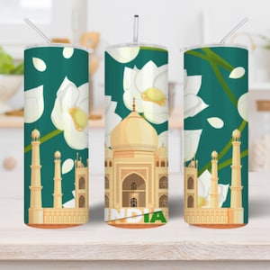 India Sublimation Design Templates, Inspirational Taj Mahal Tumbler, 20oz Skinny Tumbler, PNG Digital Download, Lotus Tumbler Design